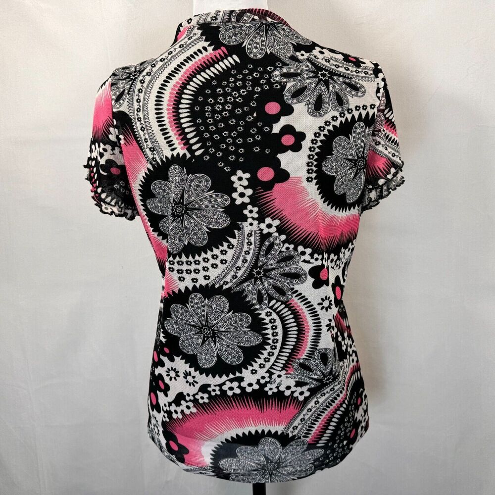 Simply French Blouse Sz L Black Pink Round Neck Ruffle Layered Short Sleeve - Picture 2 of 5